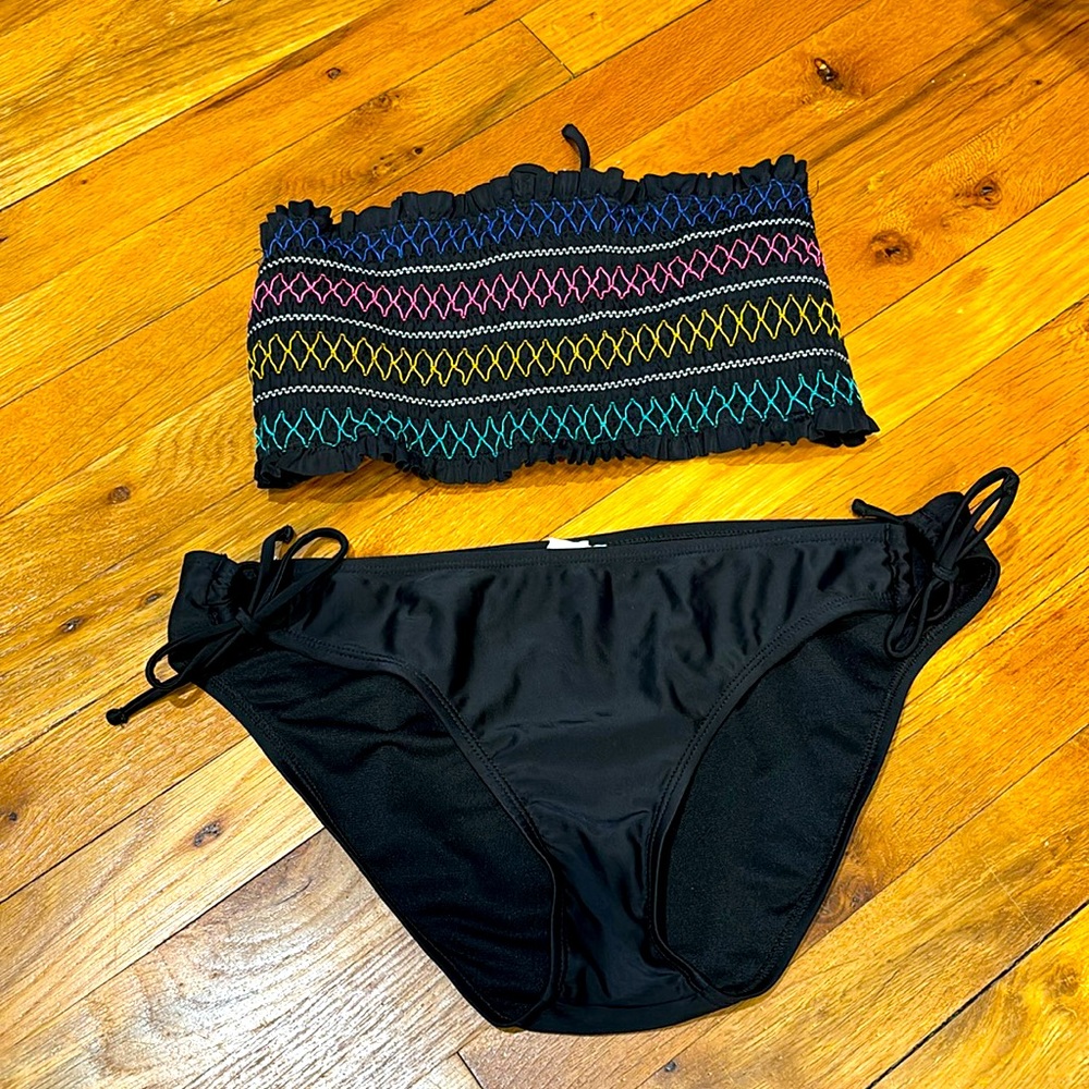 Island Soul 2pc bikini black & multi color elastic tube top & tie bottoms sz XL